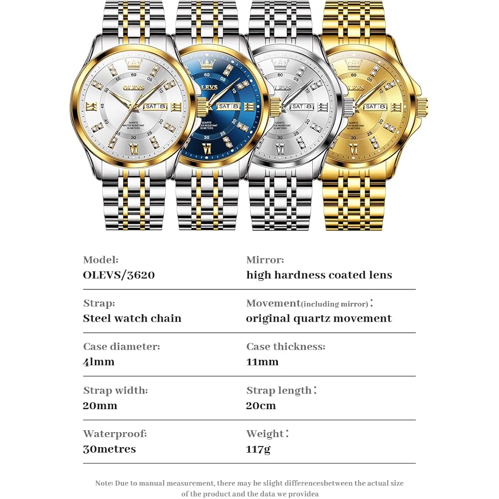 OLEVS Men's Diamond Watch Business Dress Watch Waterproof Luminous Golden Big Dial Quartz Analog with Date Calendar and Stainless Steel Band