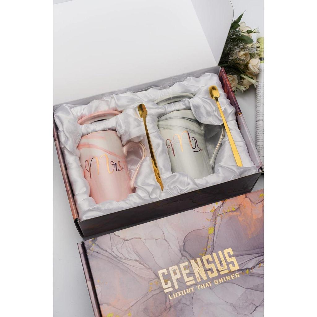 Ceramic Marble Finish Coffee Mug With Lid & Spoon For Anniversary Wedding Engagement Valentine Gifts For Couple 380 ML