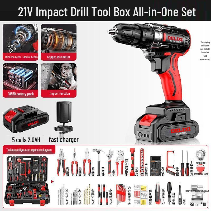Delixi Multifunctional Lithium Battery Drill Set for Electrician & Woodworking Maintenance