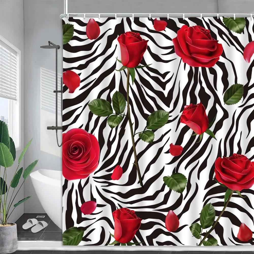 

Red Rose Shower Curtain, Valentine s Day Water Drops Wooden Panel Butterfly Valentine s Day Animal Romantic Heels Bathroom Decor 90x180cm-35x70in