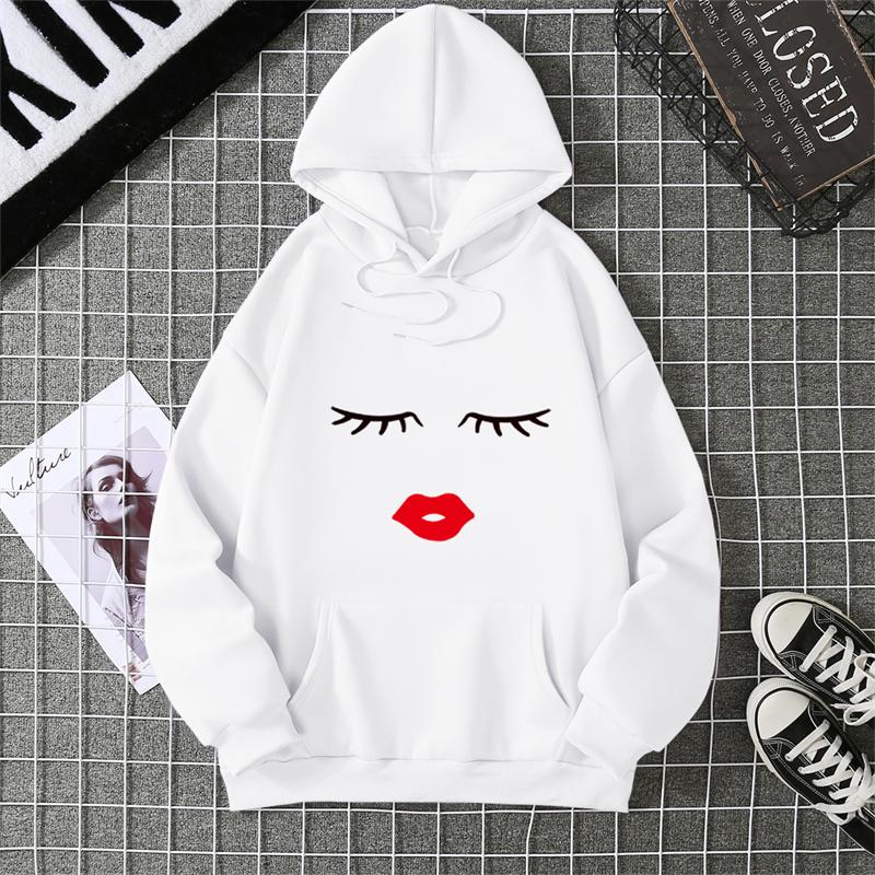 Pretty Cute Eye Lashes Red Lips Print Women Hoodie Summer Short Sleeve O Neck T-shirt Ladies White Hooded Sweatshirt