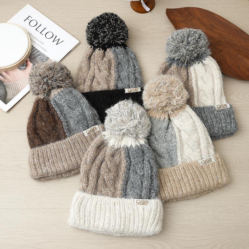 Thickened Warm Ear Protection Windproof Wool Hat Autumn and Winter Color Splicing Plaid Knitted Hat Women