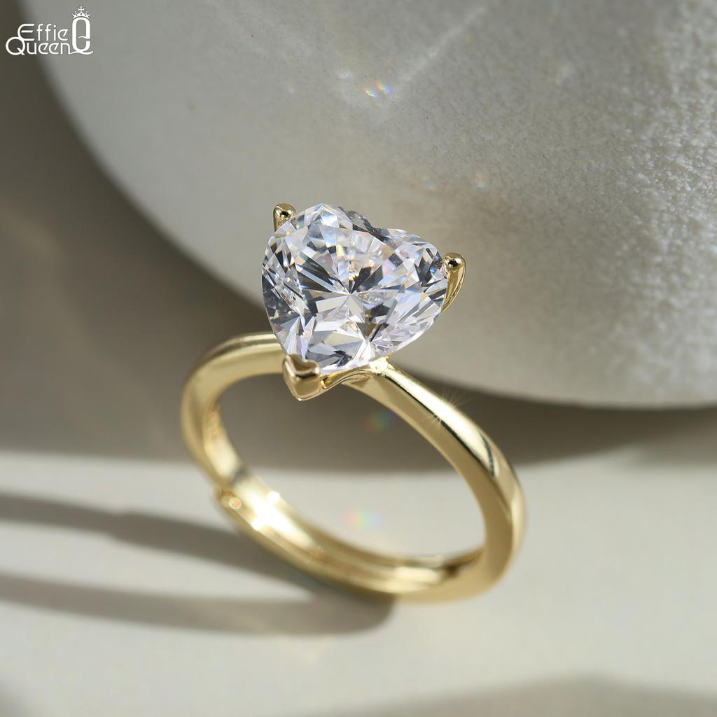 Effie Queen S925 Silver 14k Gold 1/2/3/4CT Heart Cut Zirconia Ring Romantic Jewelry for Women, Men Couple Valentine's Gift LZR40