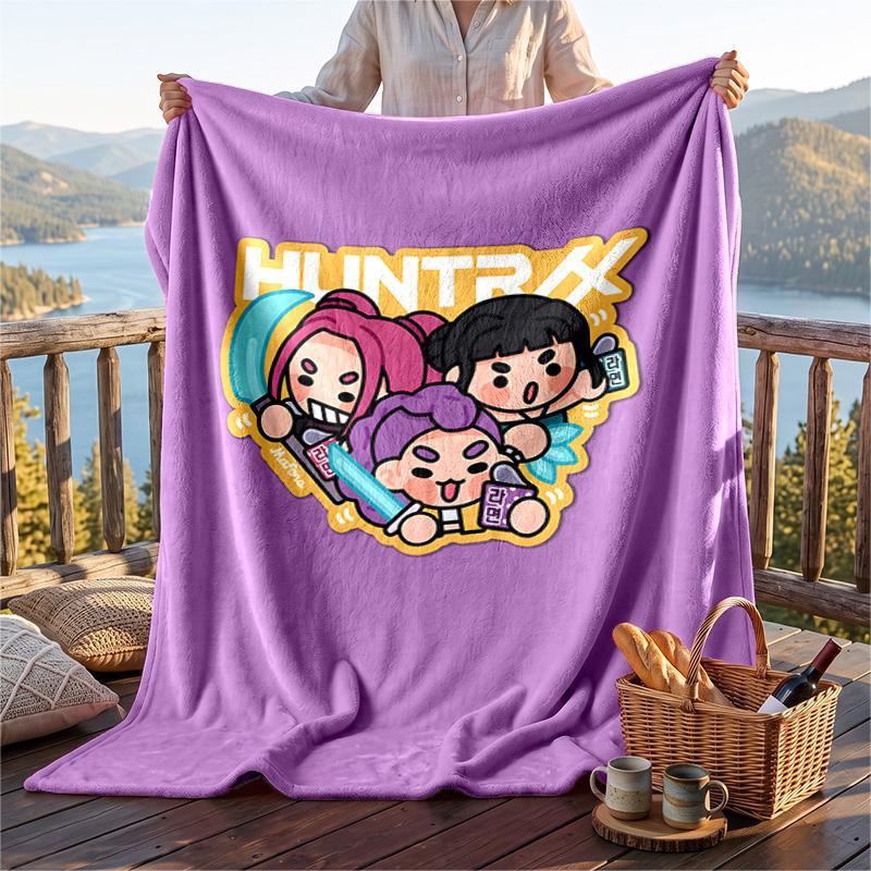 Warm Flannel Blanket Kpop Demon Hunters Pattern, Lightweight Comfortable Throw Blanket for Bed Sofa Use