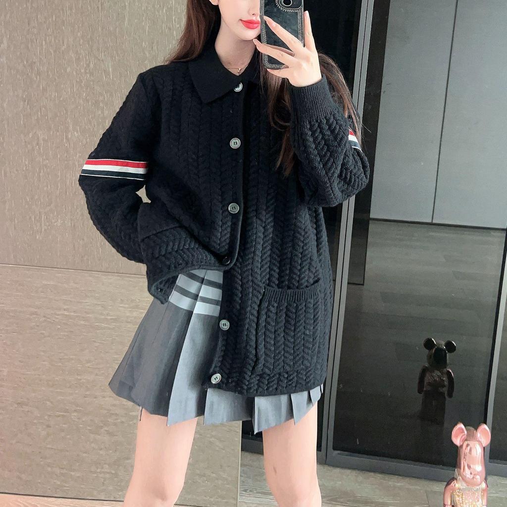 Double-Sleeve Herringbone Lapel Knit Cardigan Sweater for Women