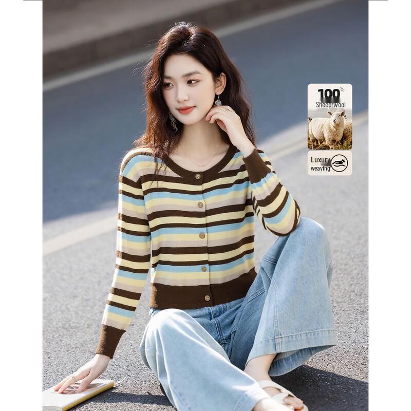 Demana Women s 100% Merino Wool Striped Jacquard Cardigan M