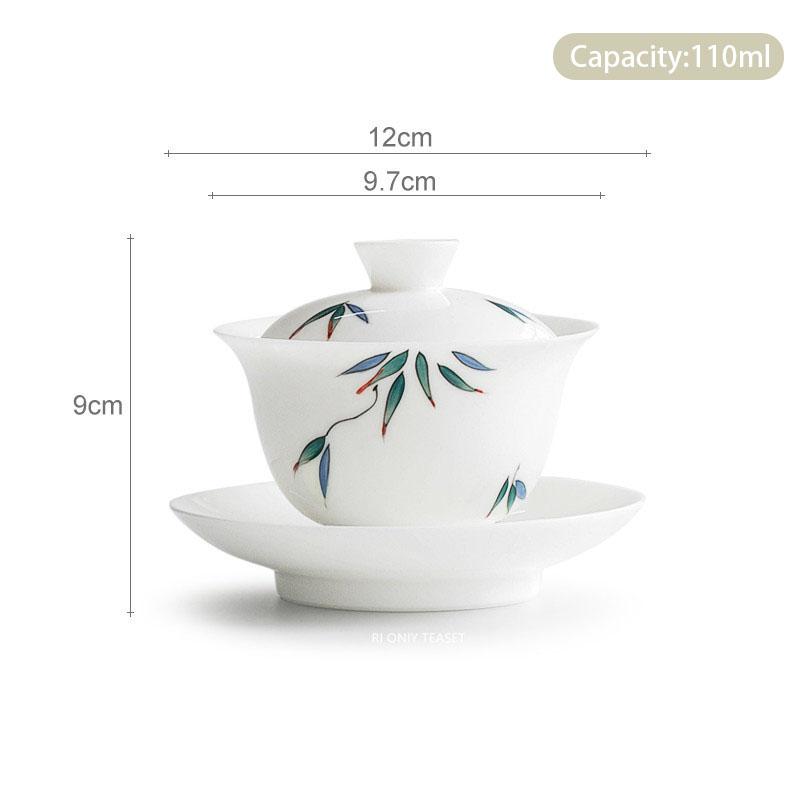 110ml Chinese White Porcelain Gaiwan Handmade Bamboo Leaf Pattern Ceramic Tea Tureen Travel Portable Tea Bowl Household Tea Set 12x9cm 110ml