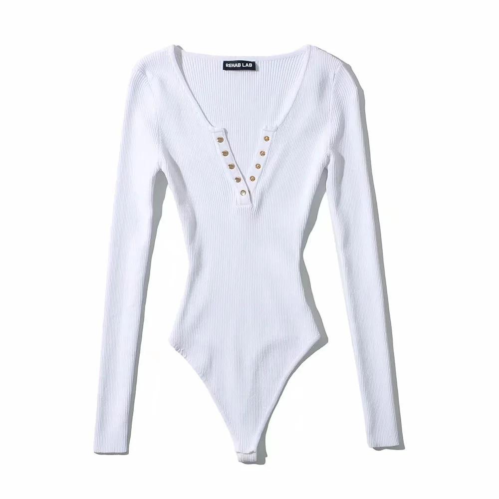 Kombinezon z dzianiny z długim rękawem i klamrą do paznokci w stylu europejskim i amerykańskim, damski, nowy, elastyczny, otwarty, obcisły kombinezon