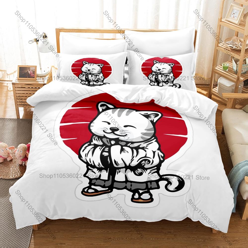 Cool Japanese Samurai Cat Bedding Set Duvet Cover + 2 Pillowcases Cute Ninja Cat Katana Sakura Ukiyo-e Bedroom Decor