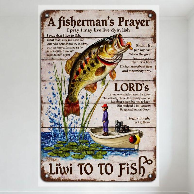 

A Fisherman’s Prayer Rustic Wooden Tin Sign Vintage Metal Wall Plaque with Bass Fish & Boat Design for Home Bar Man Cave Decor 20x30cm（7.8x11.8inch）