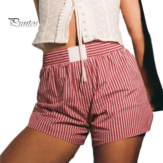 Women Summer Shorts Striped Print High Elastic Waist Retro Loose Above Knee Length Casual Sport Homewear Short Pants