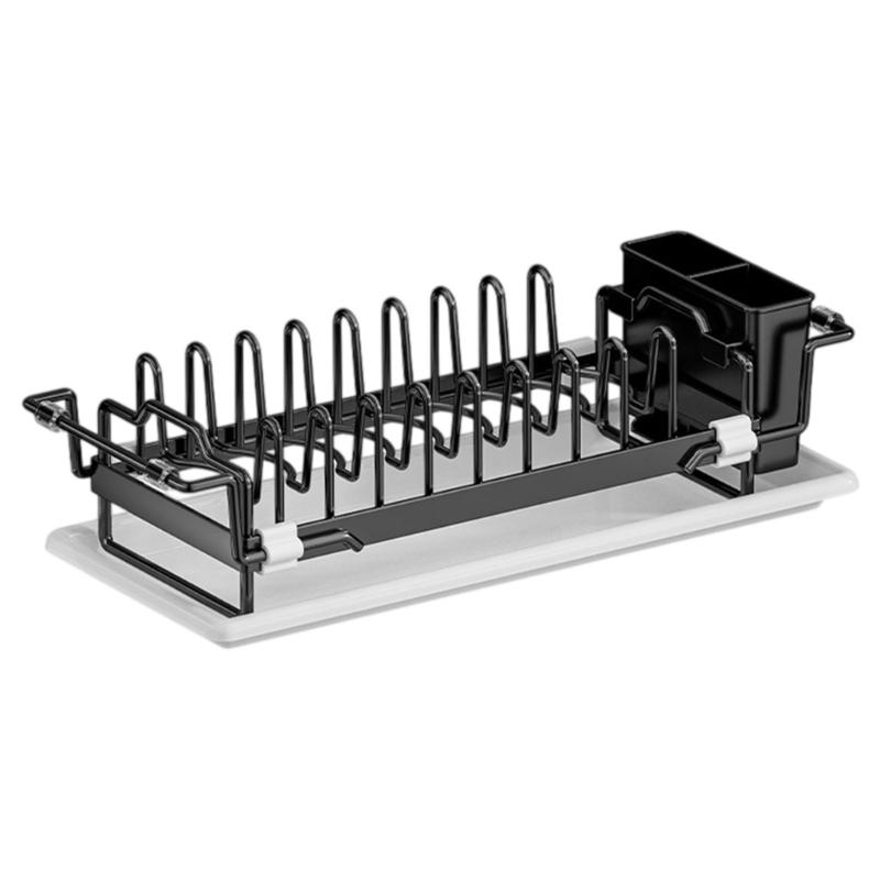 Extendable Kitchen Dish Rack with Plate Separators, Wine Glass Rail, Cutlery Cup, and Removable Water Tray