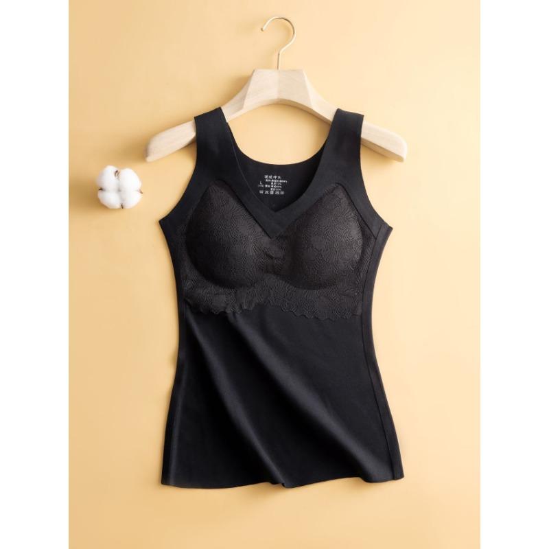 Women Thick Self Heating Thermal Vest With Built In Bra Pad Warm Lace Underwear