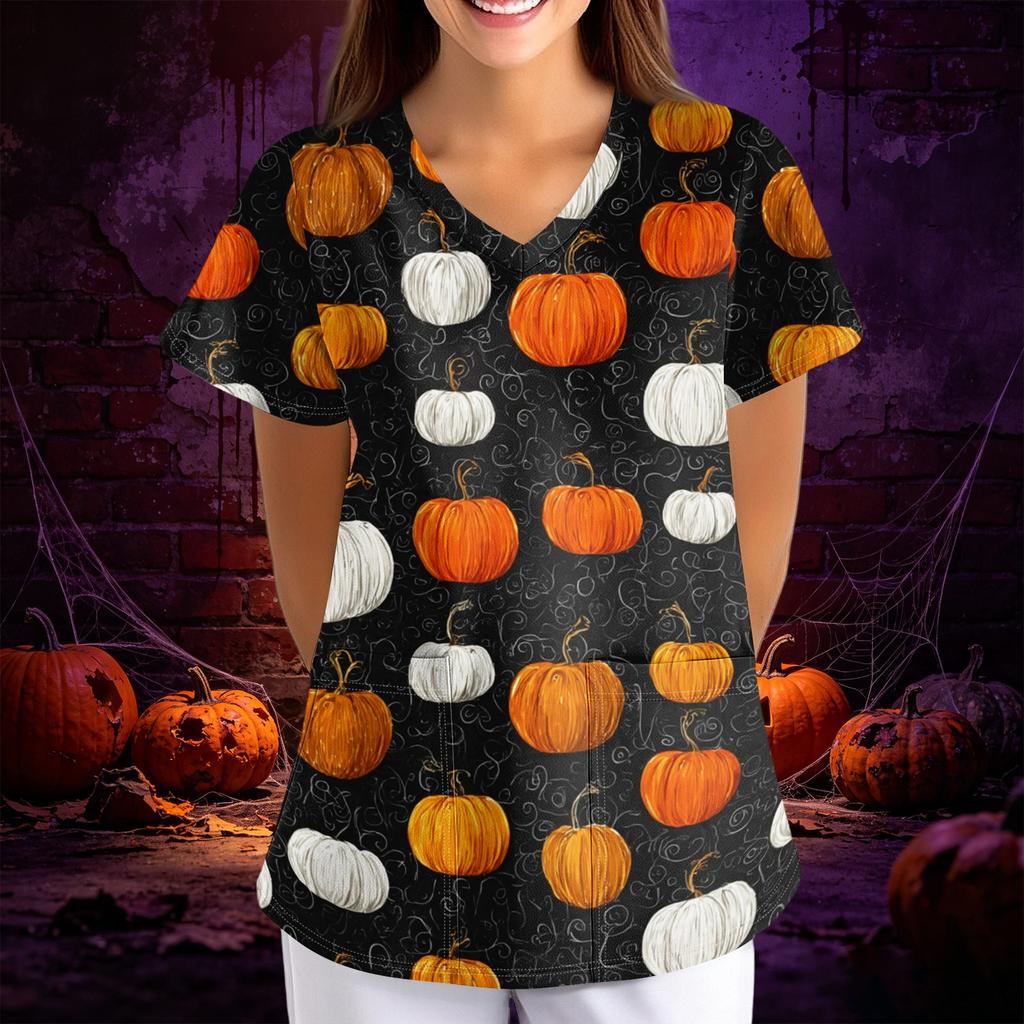 Women Halloween Print Loose Fit V Neck Short Sleeve Scrub Top with Pockets for Healthcare Professionals Comfortable Workwear
