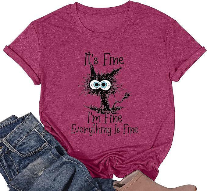 Women's top cat D print short-sleeved shirt apricot comfortable and casual