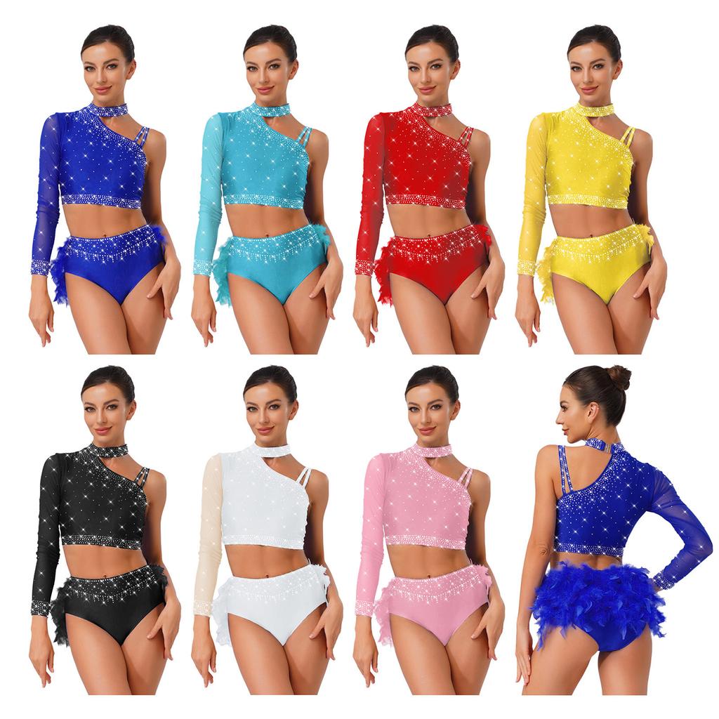 2-Piece Latin Dancewear Set for Womens - Sparkly Rhinestone One Shoulder Crop Top and Feather Back Briefs for Chacha Tango Belly Dance