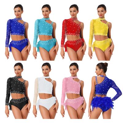 Damen Latein Tanz Set Ein Schulter Langarm Crop Top Glitzernde Strasssteine Rücken Feder Slips Outfit