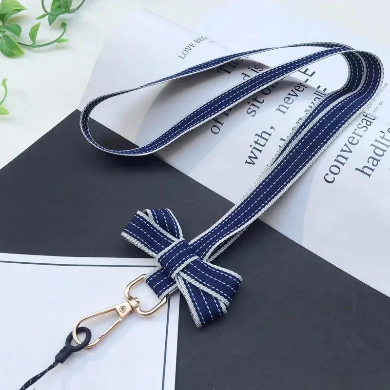 Chic Casual Striped Bow Girl Mobile Phone Lanyard Portable Mini Fan Camera Key Neck Strap Office Work ID Card Holder Rope