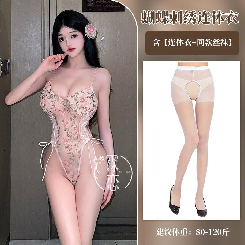One-piece Erotic Underwear Hot-selling Lace Embroidery Hollow Transparent Sexy Suspender Mesh Temptation