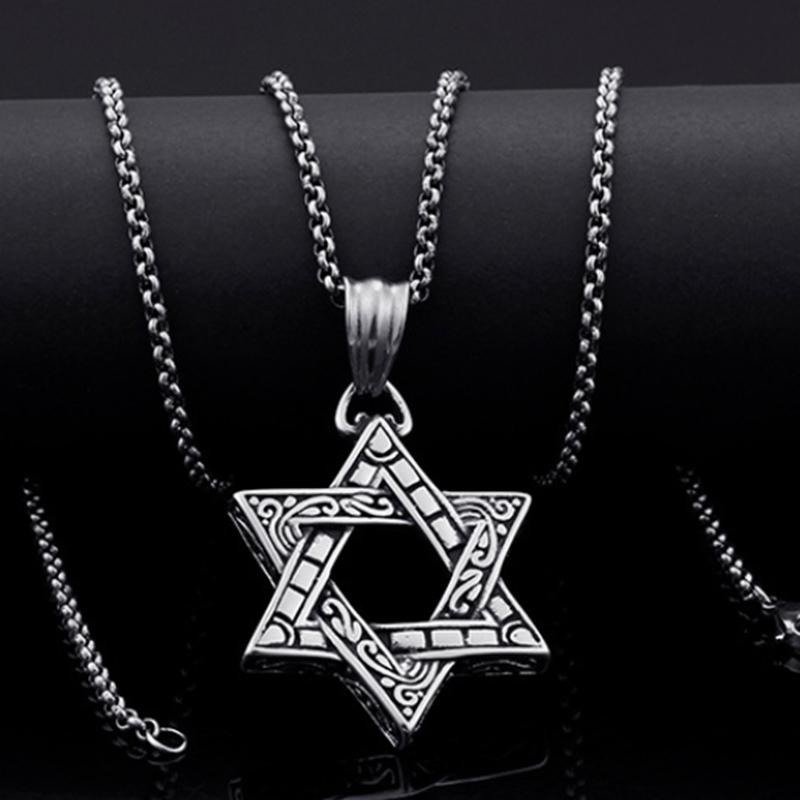 Stainless Steel Hexagram Pendant Necklace Men's Vintage Hollow Out Charms Accessories Zirconia Star Sweater Chain Jewelry