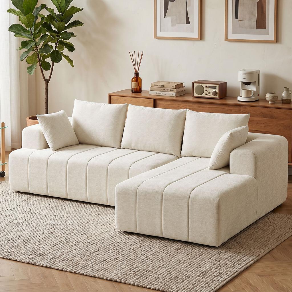 Corner Sofa, 256 cm, Chaise Longue, 3-Seater Sofa Bed, Chenille L-Shaped, Wide Seat, Beige