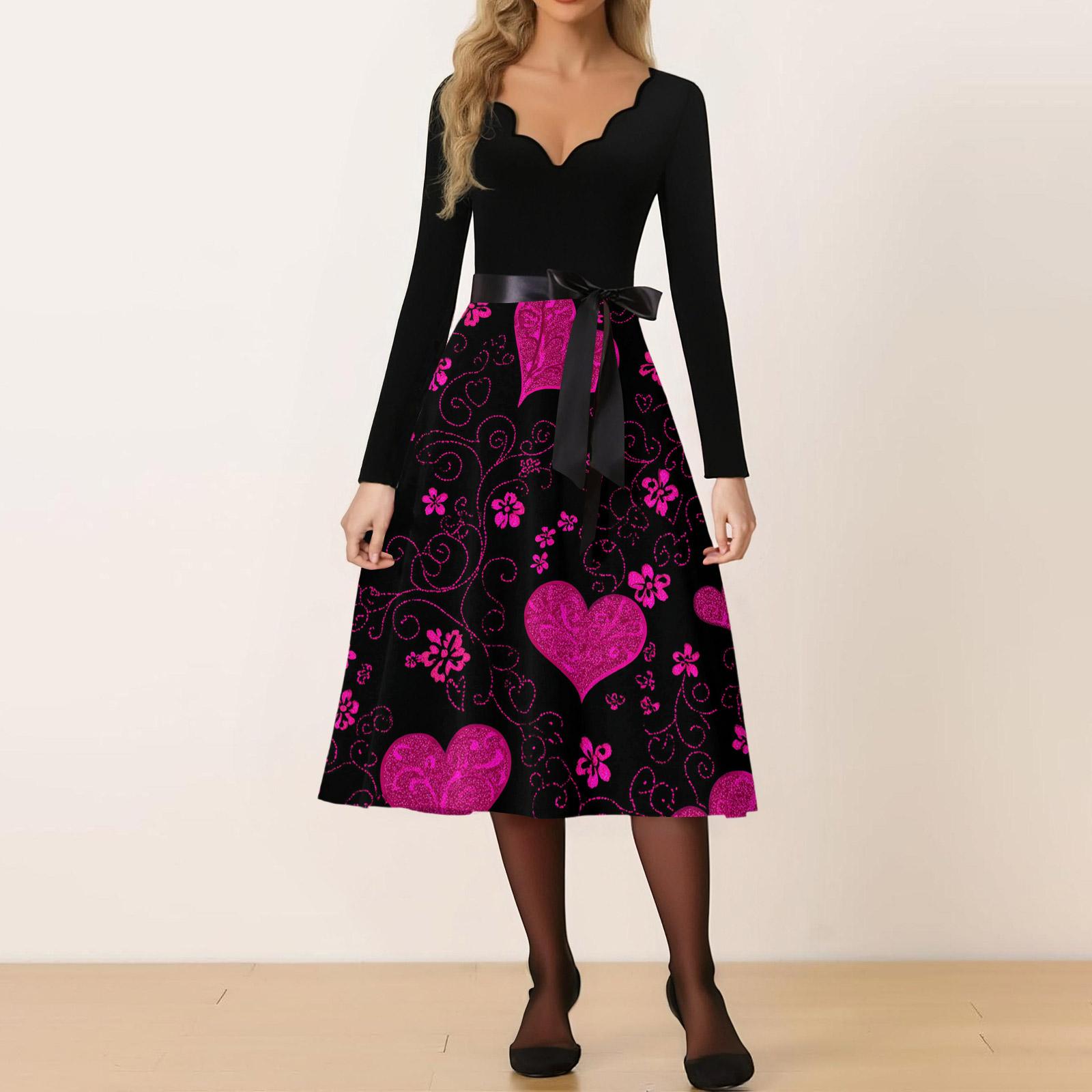 

Women s Casual Fashion V-neck Valentine s Day Print Retro Dress XL винний