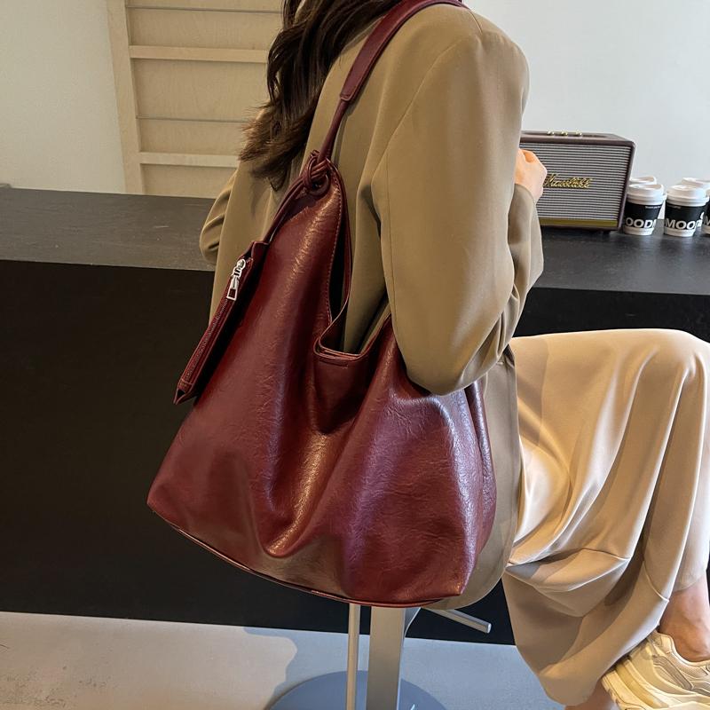 Burgundy 2-IN-1 Shoulder Tote Bags For Women Soft PU Leather Solid Color Large Capacity Shopping Hobo Bag With Coin Purse 2026