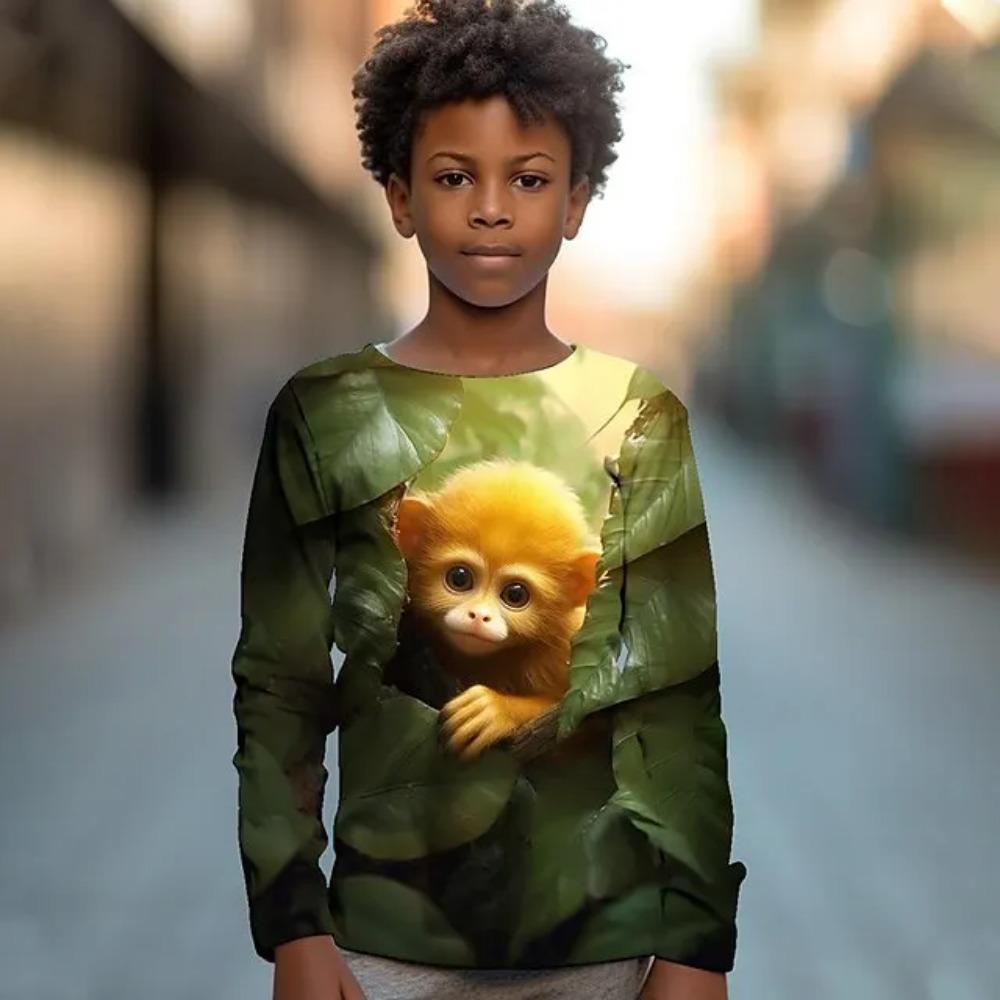 Children's Cute Animal Series 3D Digital Printed Boy Hip Hop Personality Round Neck Long Sleeved T-shirt