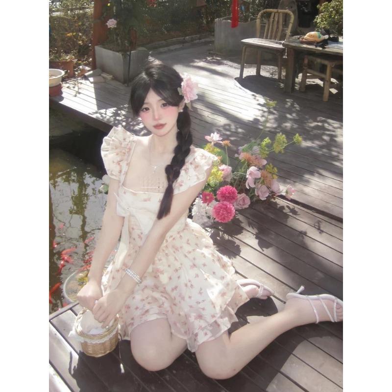 Summer New Floral Printed Bow Mini Dress Women Square Collar Fly Sleeve Sweet Vestido Women Slim A-line Robe