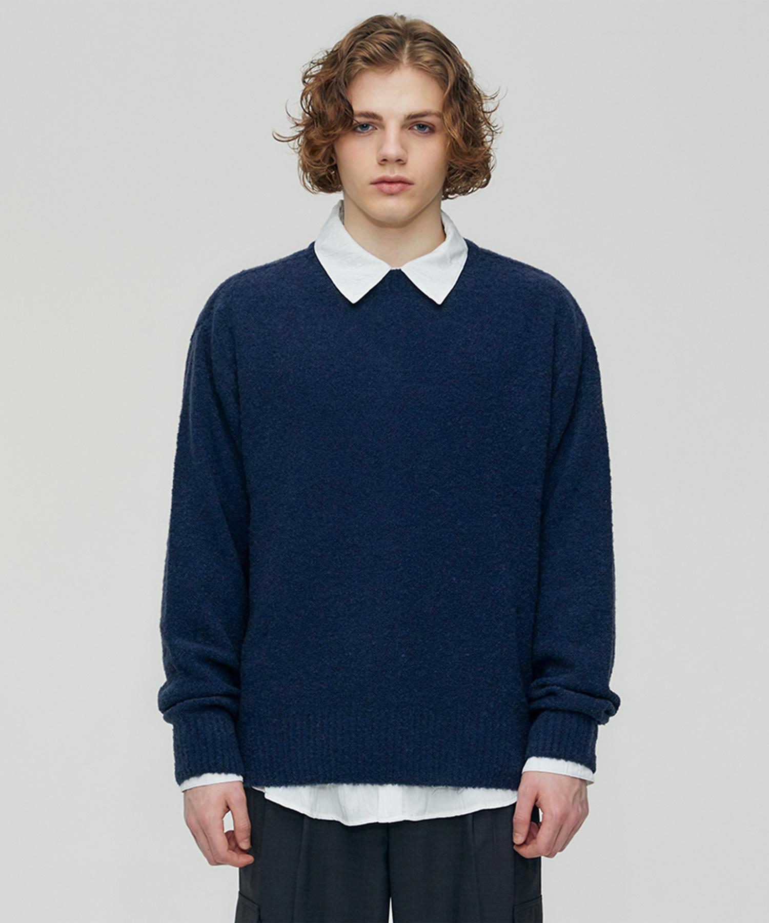 Pinned Look Wool Boucle Yarn Pullover (Prussian Blue) L