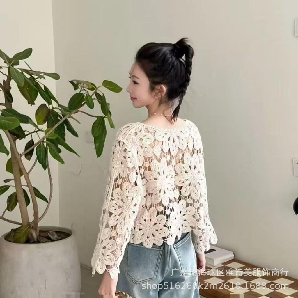 Fashion loose and thin hollow crochet knitted sweater women's new foreign style unique chic cardigan long-sleeved top