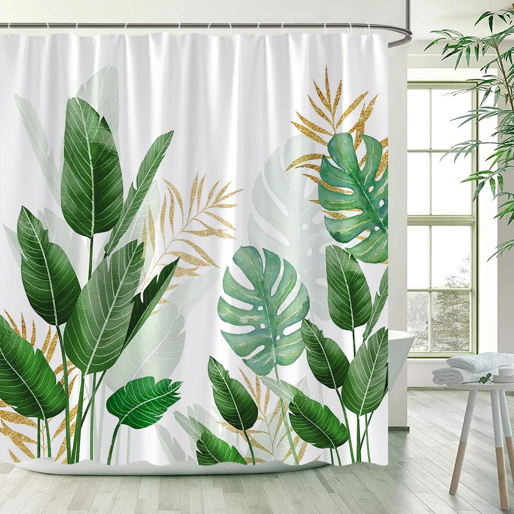 Tropical Leaves Shower Curtains Green Palm Leaf Banana Monstera Jungle Plants Hawaiian Modern Polyester Bathroom Curtain Decor