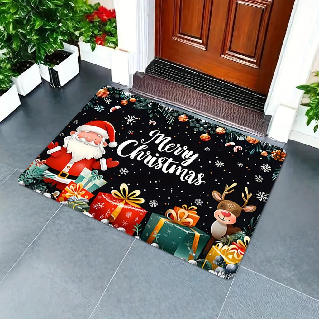 Merry Christmas Santa Reindeer Welcome Doormat,Flannel Anti-Slip Washable Fade-Resistant Rug for Indoor Outdoor Multi-Room Decor