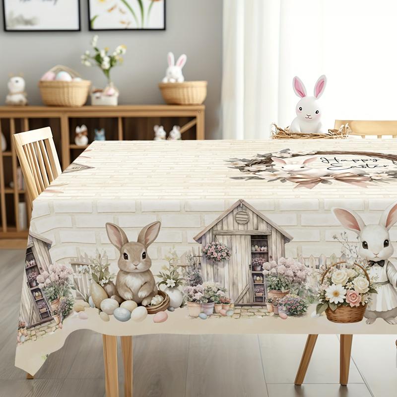 Rustic Easter Tablecloth Farmhouse Bunny Eggs Table Cover Easter Decorations for Home Kitchen Dining Spring Garden Tablecloth
