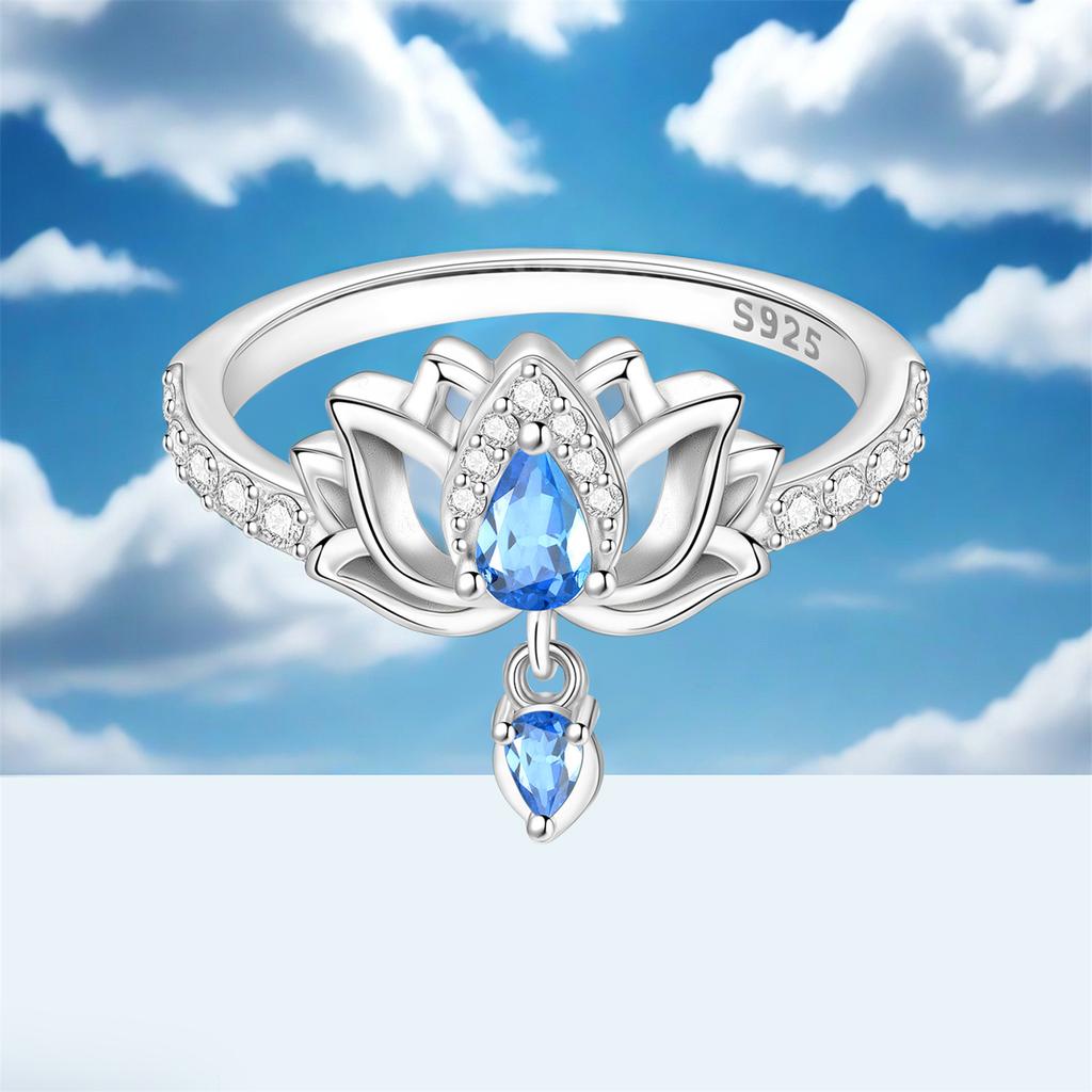 Orstarry   CopperBlue Zircon Lotus Flower Closed Ring For Women Finger Ring Personality Jewelry Party Trendy Gifts