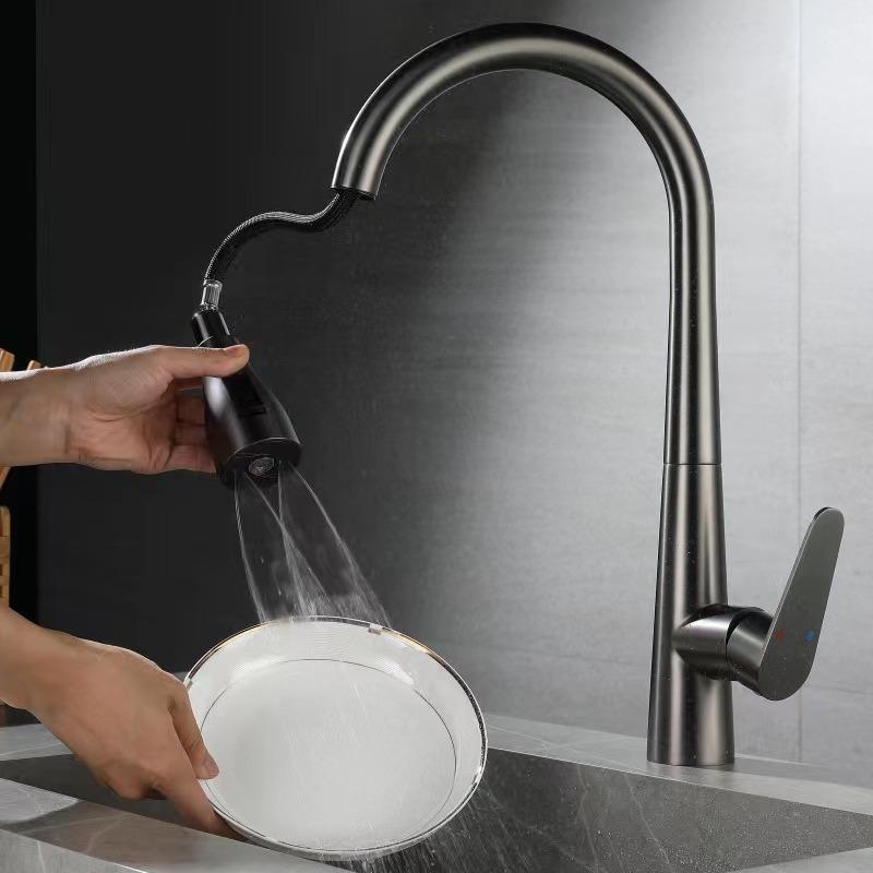 Grey 304 Stainless Steel Kitchen Faucet Brushed Gold Pull Out Hot And Cold Mixed Water Sink Faucet Multifunctional Kitchen Tap
