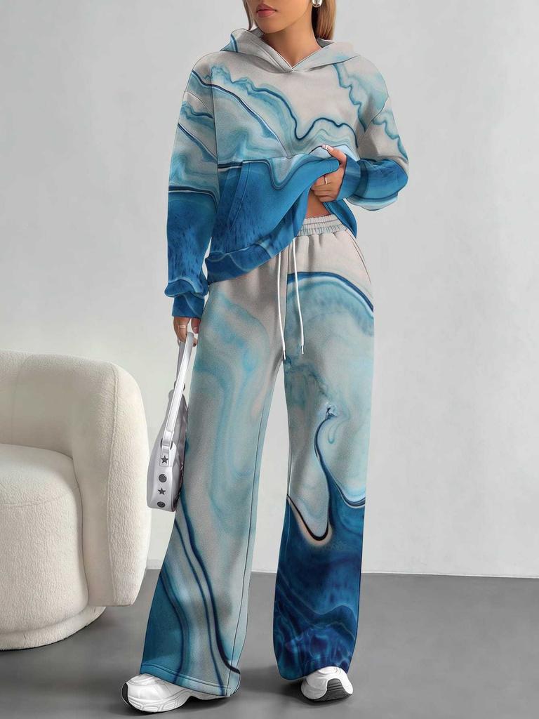 Flowers European, American Autumn and Winter Casual Long-sleeved Suit Women's Hooded Sweater Trousers Two-piece Set