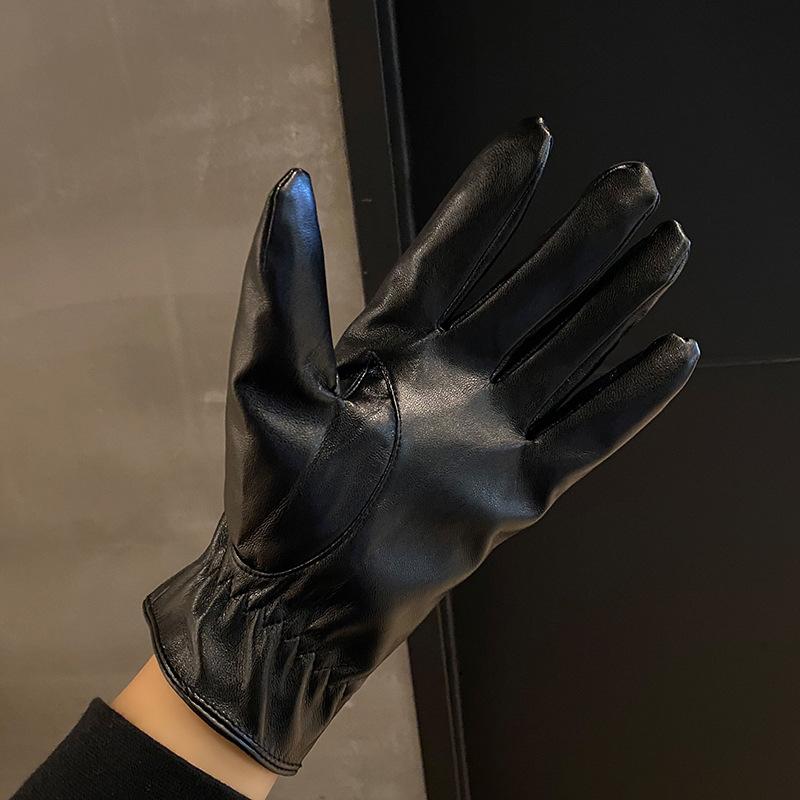 Leather Gloves Men's Riding and Driving Velvet Thickening Warm Waterproof Windproof Thin Winter Motorcycle Gloves Touch Screen