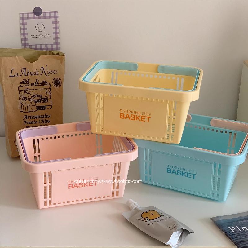 Korean Ins Style Cream Portable Storage Basket Organizer Cute Desktop Sundries Storage Basket Student Dormitory Wash Bath Basket