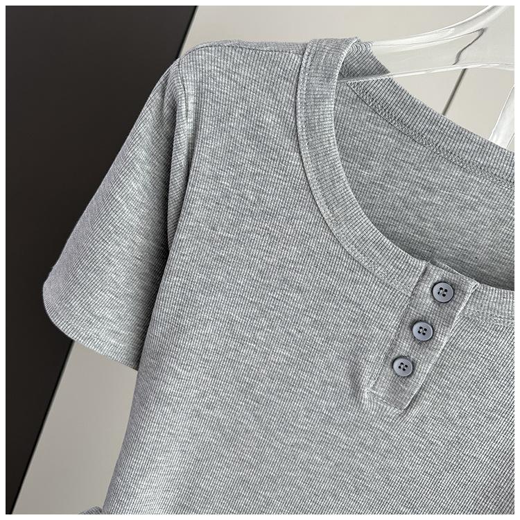 Women Modal Ribbed Button Round Neck Short Sleeve Tee Slim Base Top Spring Summer