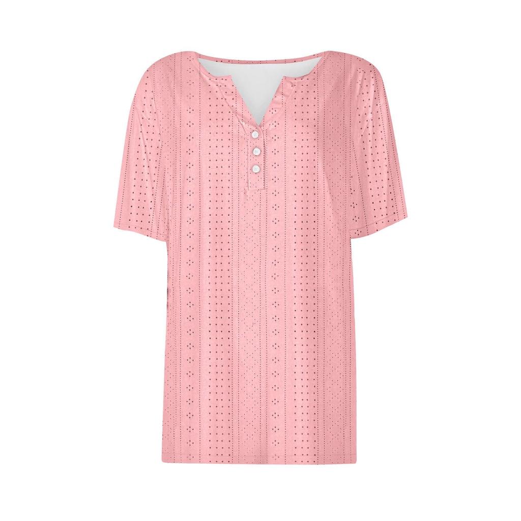 European & American Style V-Neck Jacquard Hollow-Out Short-Sleeve T-Shirt: Fashionable, Casual, Loose, Comfortable Summer Vacation Top