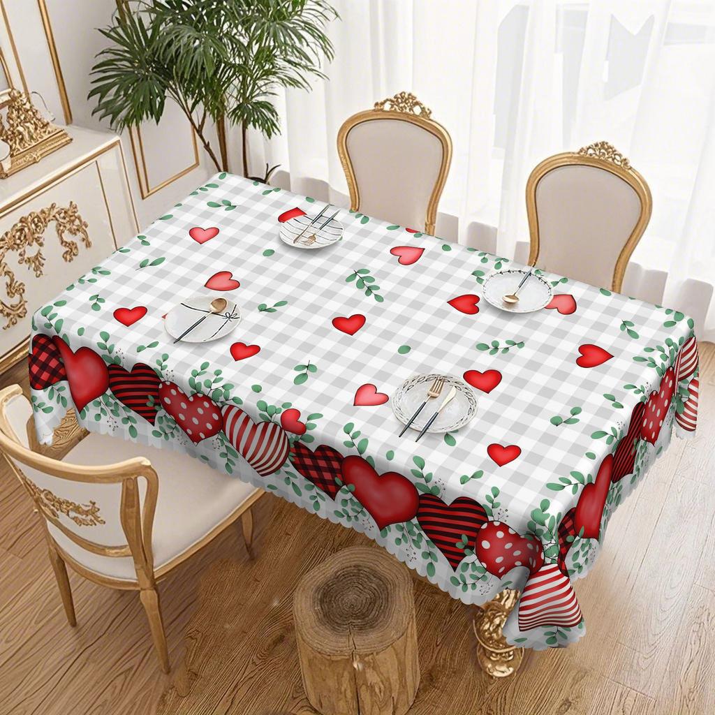 Couple Love Plaid Tablecloth, Green Leaf, Heart Print, Waterproof Dining Table Cloth, Household Coffee Table Decorative Cloth
