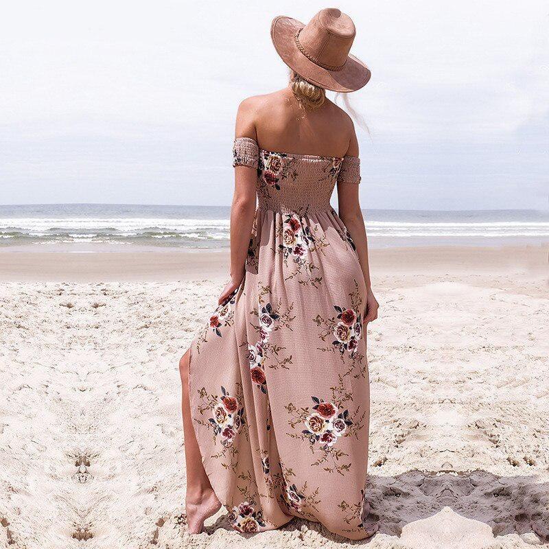 Long Maxi Women Off Shoulder Beach Summer Dresses Floral Print Chiffon
