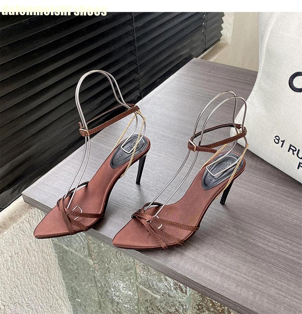 Fashion Pointed Toe Metal Chain High-Heeled Shoes for Women Summer Stiletto Heel Satin Open-Toe Sandals Sexy Purple 2025 New Styles