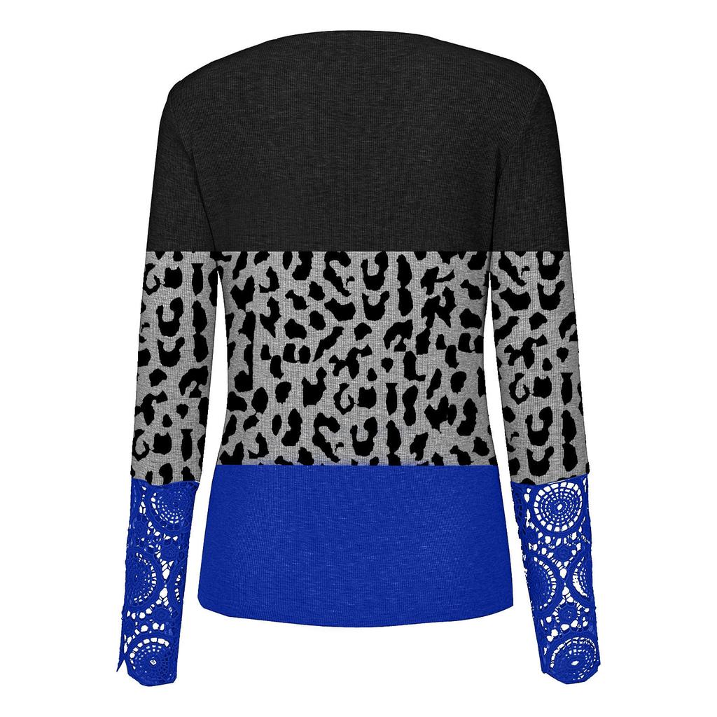 Women Fashion Patchwork Printing Lace Long Sleeve Casual Button Pullover Sweatshirt Top