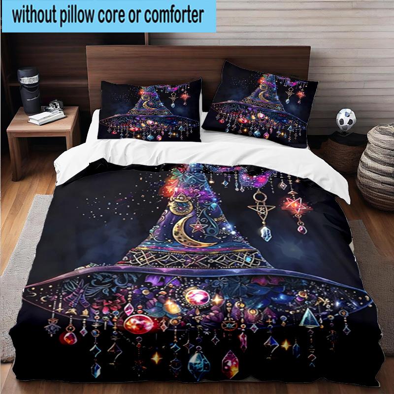 Witch's Hat And Crescent Moon 3pcs Bedding,Including 1pc Duvet Cover And 2pcs Pillowcases Perfect for Christmas,Ideal for Bedroom, Dormitory