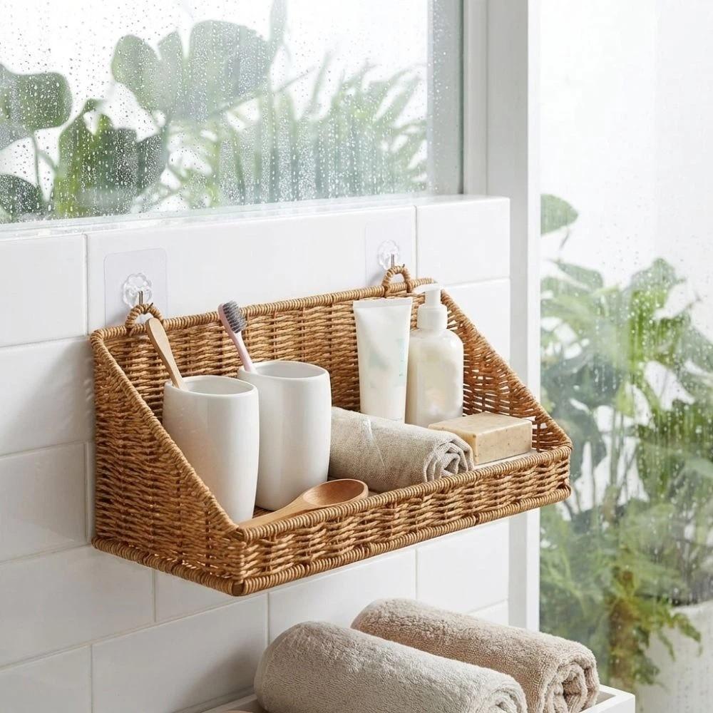 Imitation Rattan Woven Hanging Basket Wall-Mounted Storage Hamper Grocery Basket  Living Room