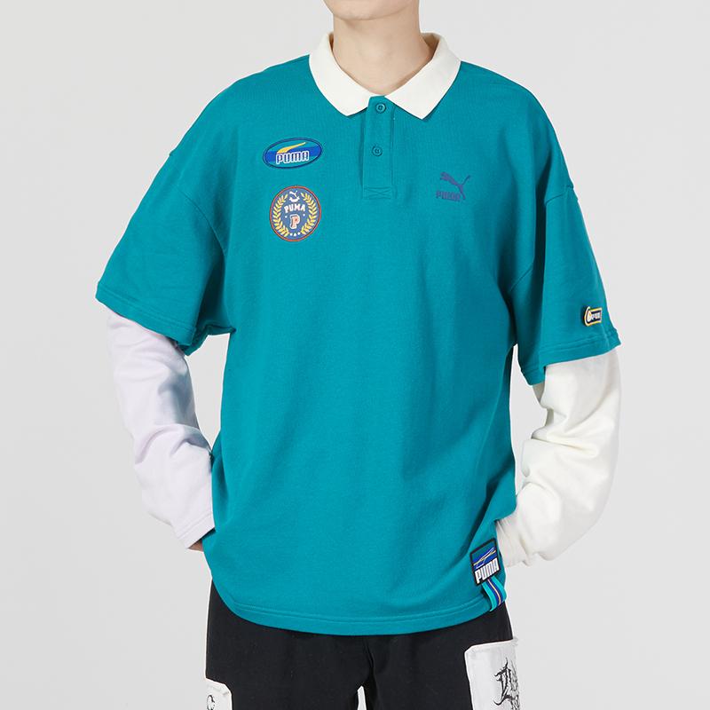 Puma Team Badge Polo Long Sleeve Logo Print Mock Two-Piece Polo Shirt Men tops Peacock-Green 677381-85