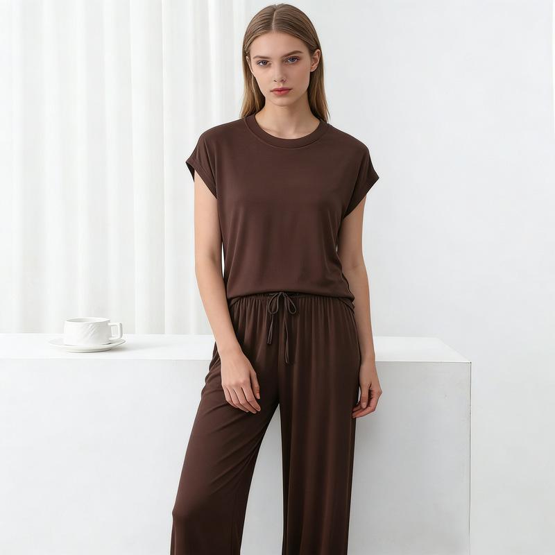 Modal Loose Homewear Set O-neck Tshirts Short Sleeves and Wide Leg Pants Casual Streetwear Suit All Match