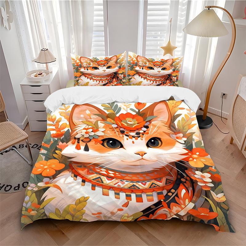 3pcs Orange Cat Creative Design Quilt Cover Set (1 Quilt Cover + 2 Pillowcases Without Pillow Core), High-Definition Printing for Home and Dormit